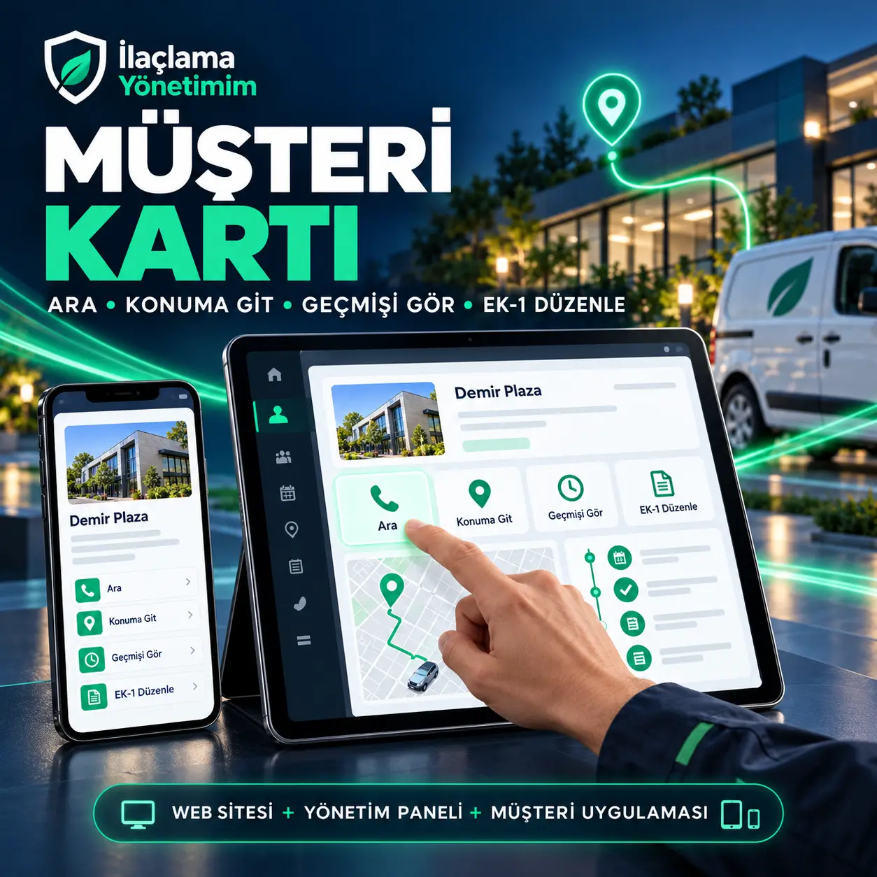 Arama, konum, geçmiş ve EK-1 işlemlerini bir araya getiren müşteri kartı