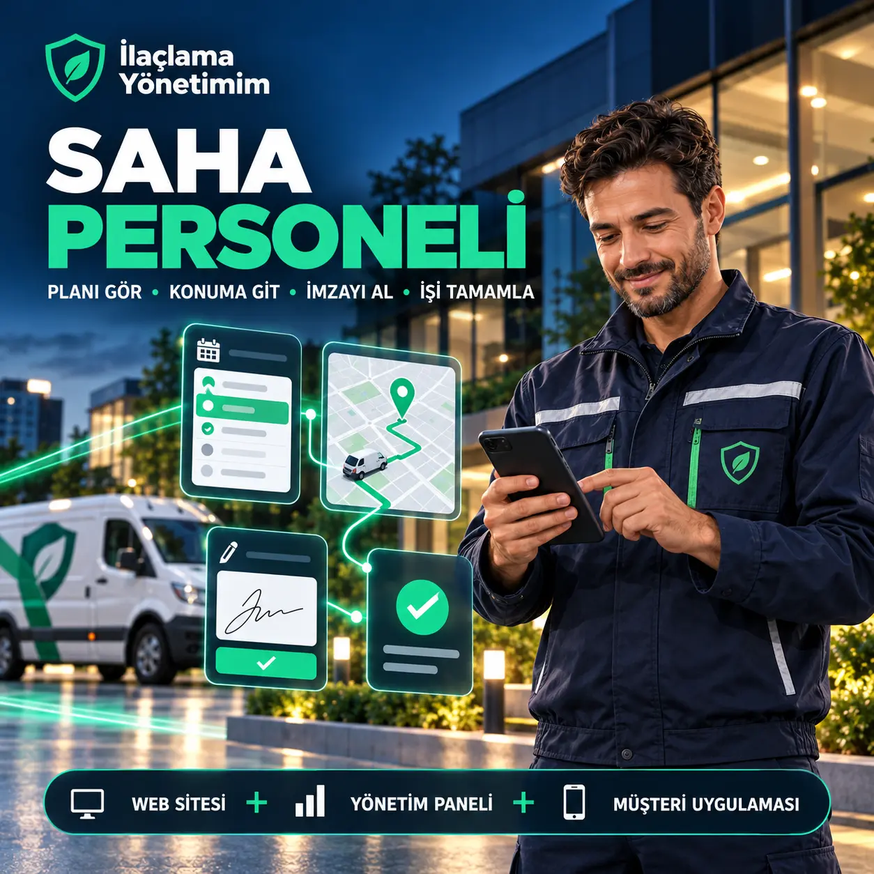 Telefonundan plan, konum, imza ve iş tamamlama işlemlerini yapan saha personeli
