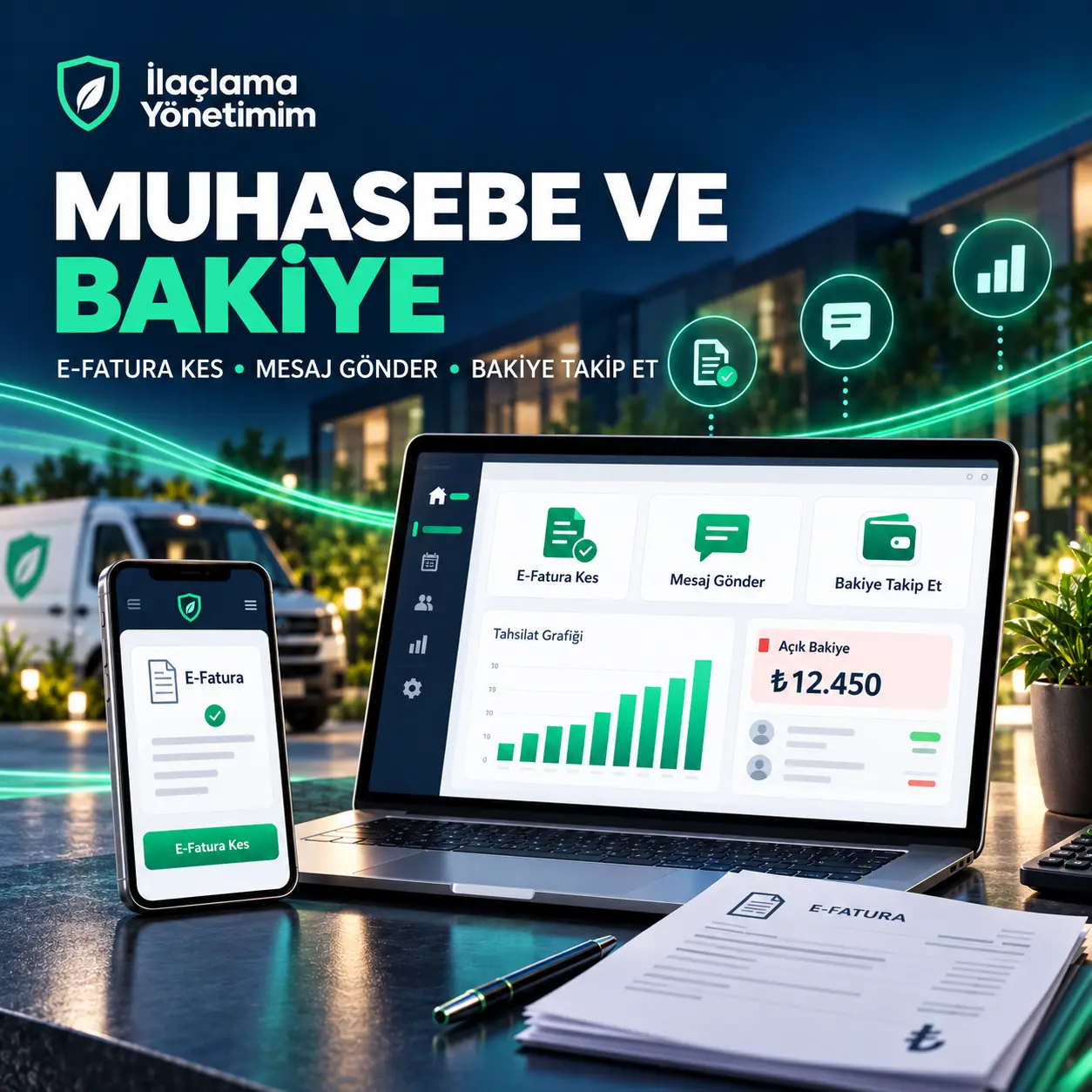 E-Fatura, mesaj, açık bakiye ve tahsilat işlemlerini gösteren muhasebe ekranı
